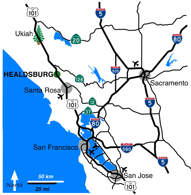 map of highway transportation routes to healdsburg from the north, south and east.