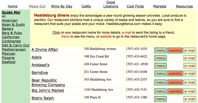 screen shot of the home page of the healdsburg menus web site