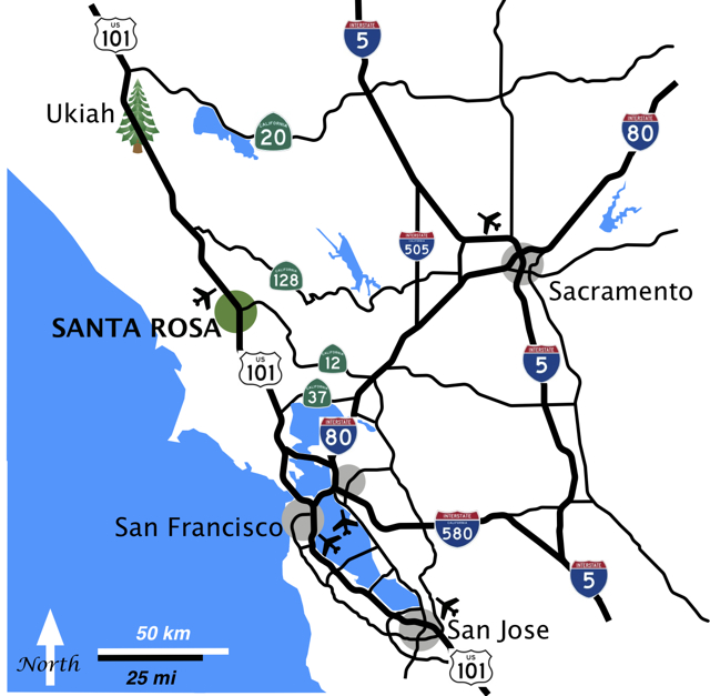 map of highway transportation routes to santa rosa from the north, south and east.